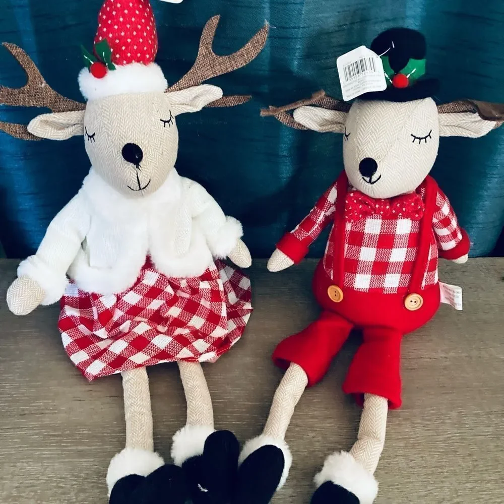 Farmhouse Christmas Reindeer Pair Plush Holiday Decor